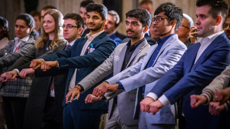 Chess Candidates 2024: India's R Praggnanandhaa, D Gukesh, Vidit Santosh Gujrathi. Koneru Humpy at the Opening Ceremony along with other players. (PHOTO: FIDE/Michal Walusza)